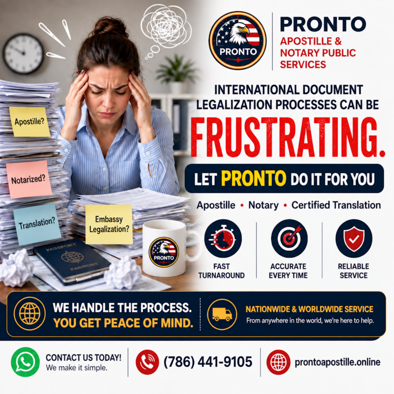 PRONTO apostille, notary and certified translation services. Call (786) 441-9105.